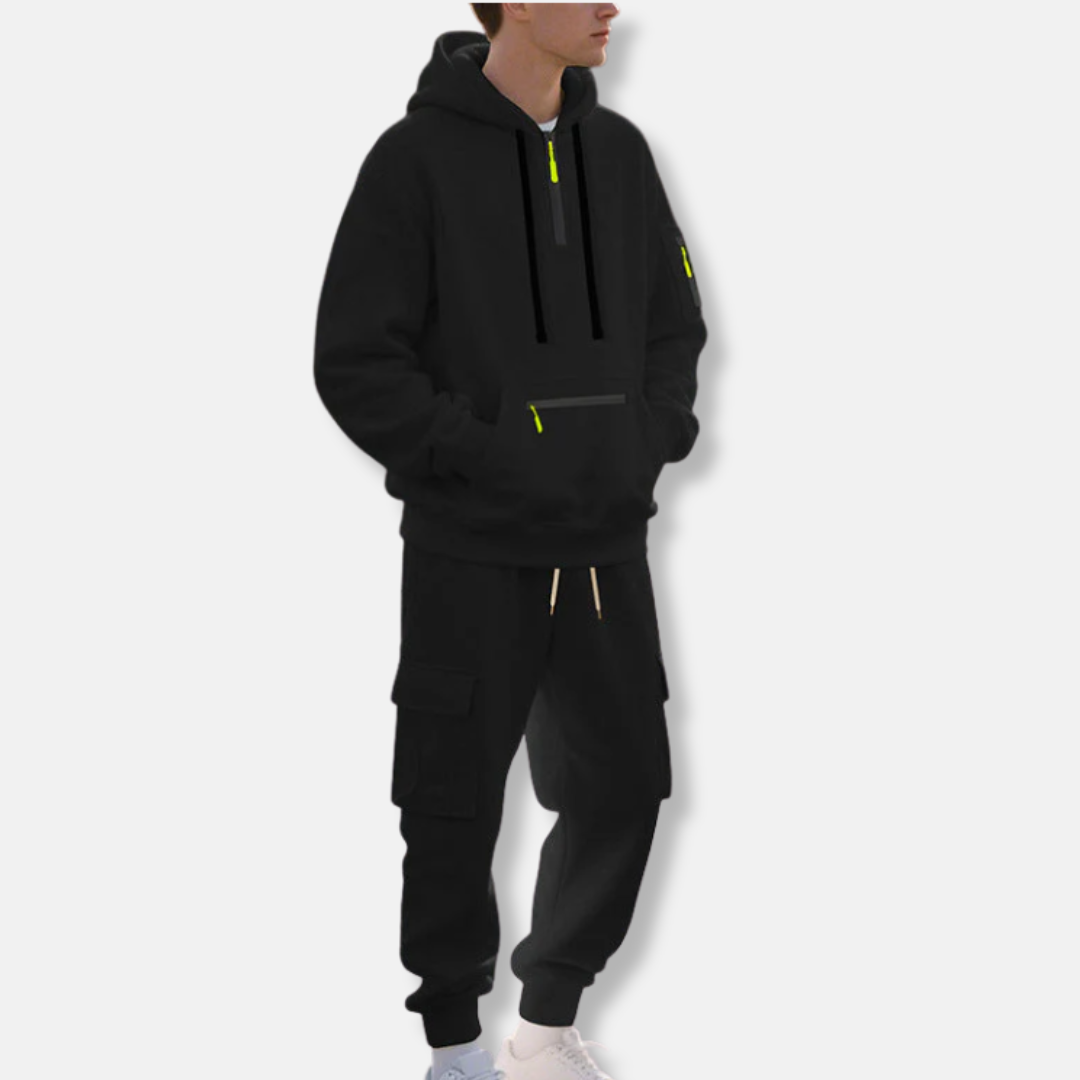 Men’s Tracksuit Set – Relaxed Fit Hoodie with Half-Zip – Cargo Joggers with Zip Pockets