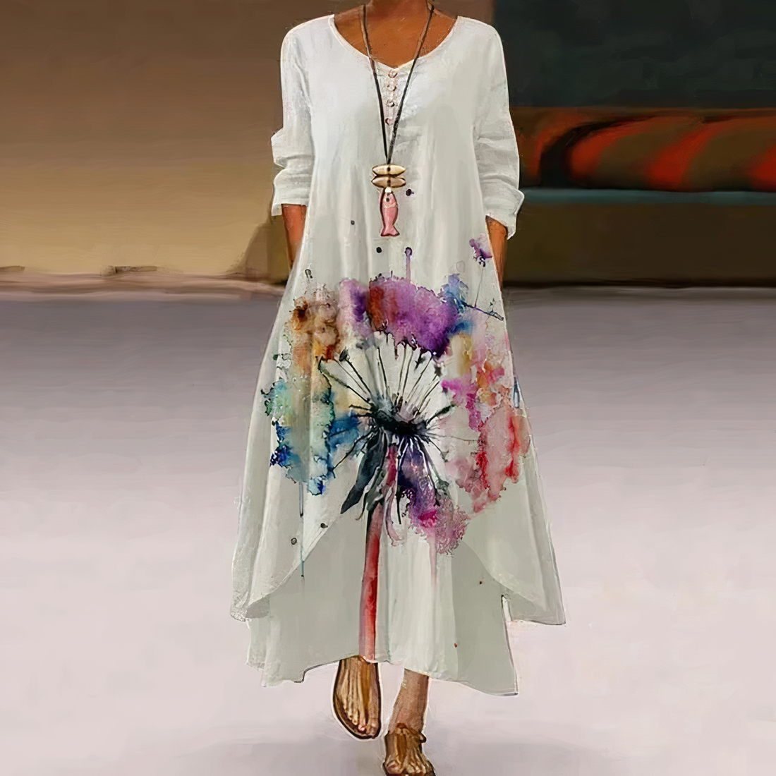 Women’s Maxi Dress – Relaxed Fit – Floral Print – Long Sleeve – Button Neckline – Natural Fibers