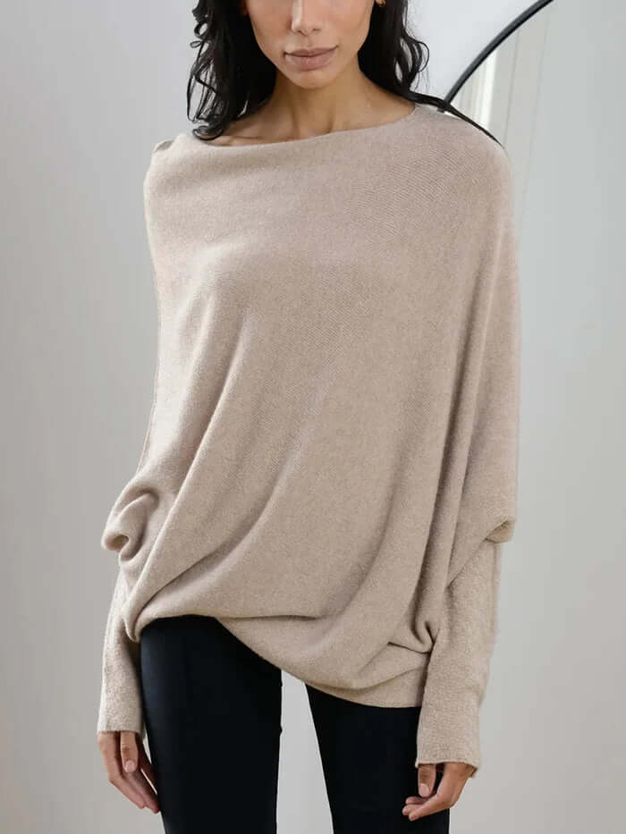 Women's Oversized Sweater - Knit Fabric - Boat Neck - Long Sleeve - Ribbed Cuffs