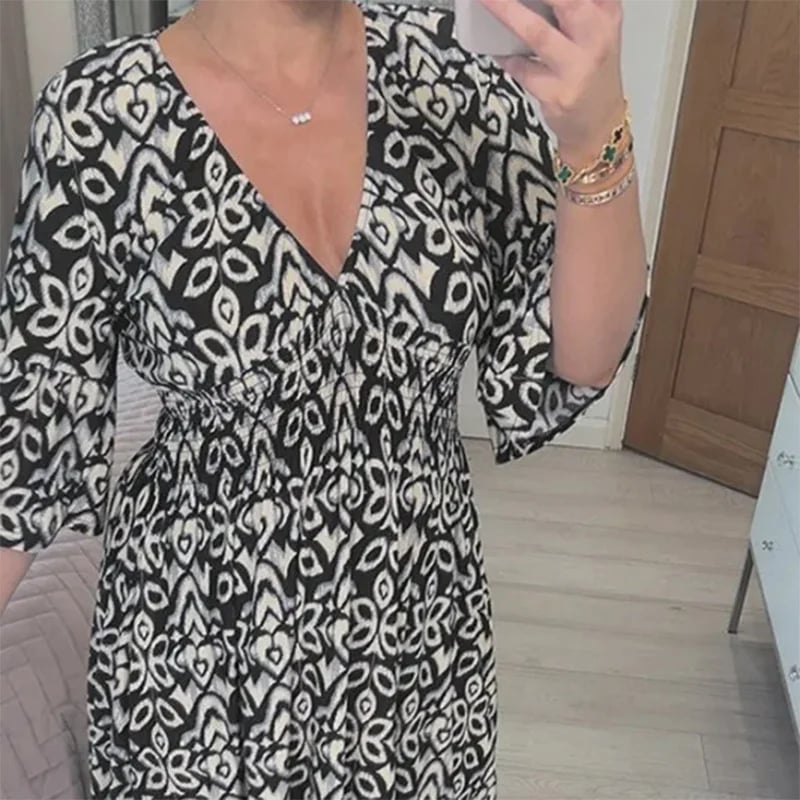 Women's Midi Dress - V-Neck - Lightweight & Breathable - 3/4 Sleeve - Abstract Print