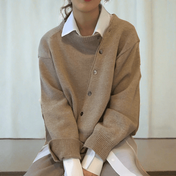 Women's Asymmetric Buttoned Cardigan - Soft Knit - Long Sleeve - Relaxed Fit