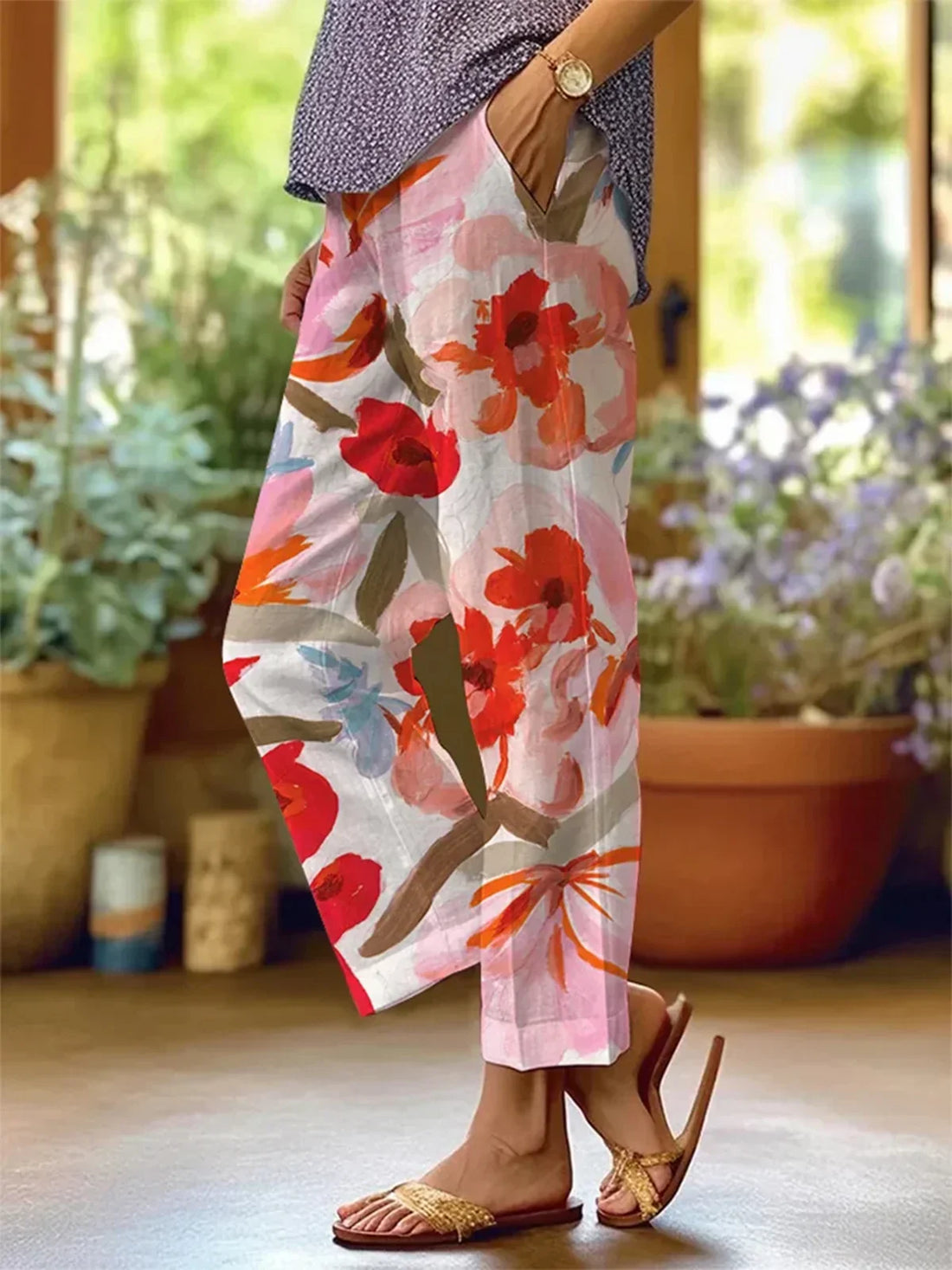 Women’s Wide-Leg Trousers – Breathable Blend – Relaxed Fit – Floral Print – Full Length