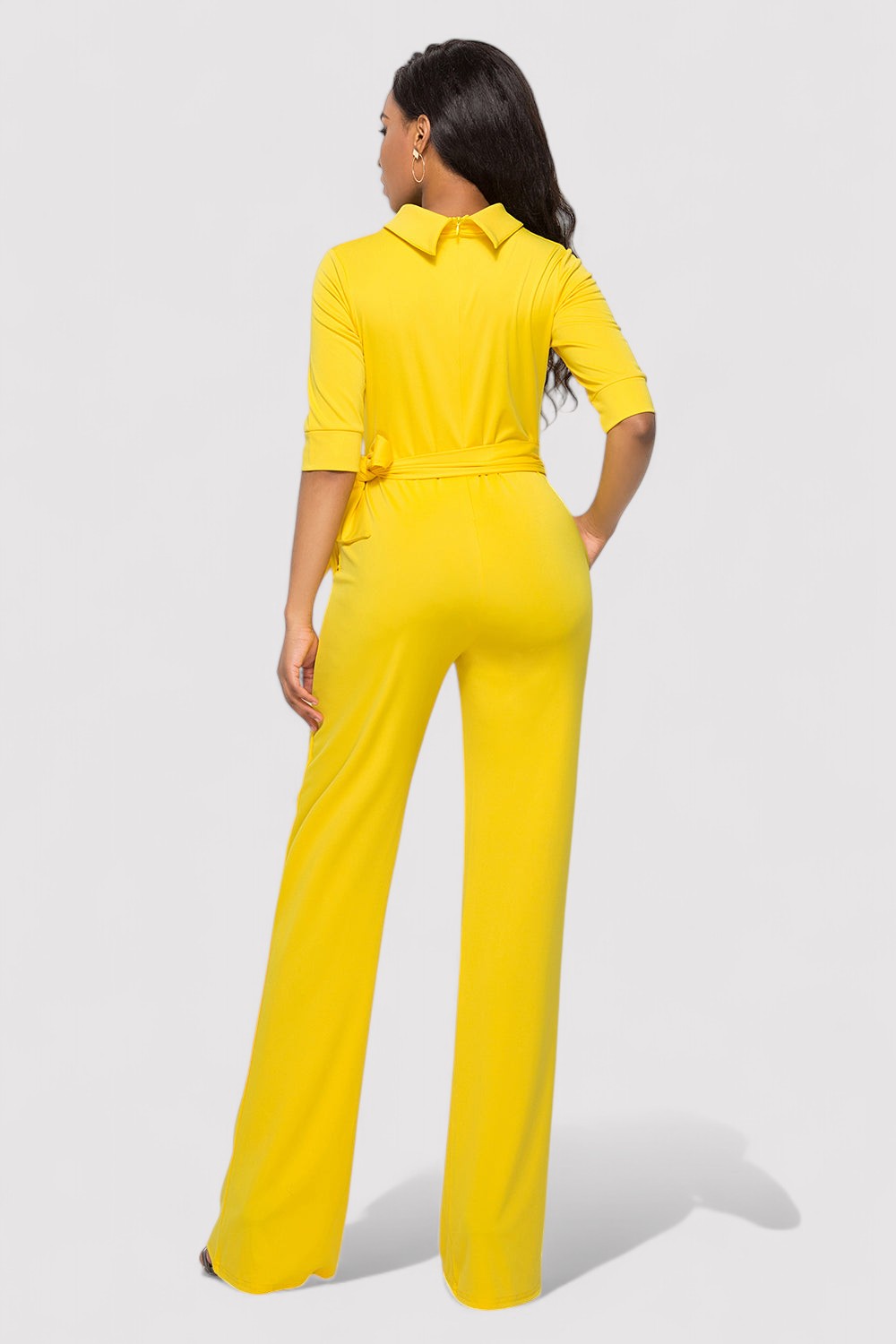 Women’s Jumpsuit – Stretch Fabric – Wide Leg – Belted Waist – 3/4 Sleeve – Pockets