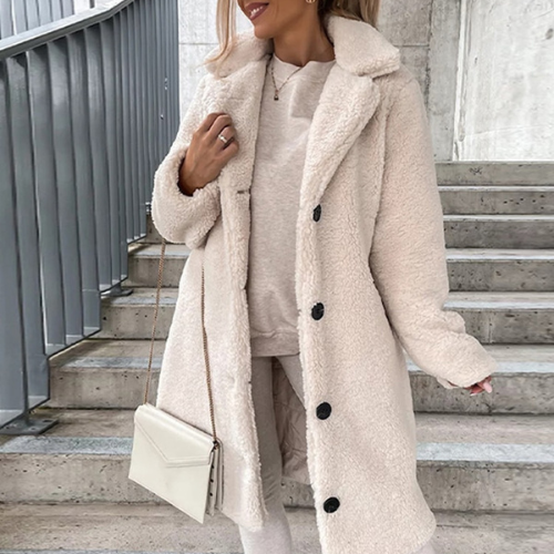 Women's Long Coat - Faux Fur Fleece - Oversized Fit - Notched Lapel - Button Closure