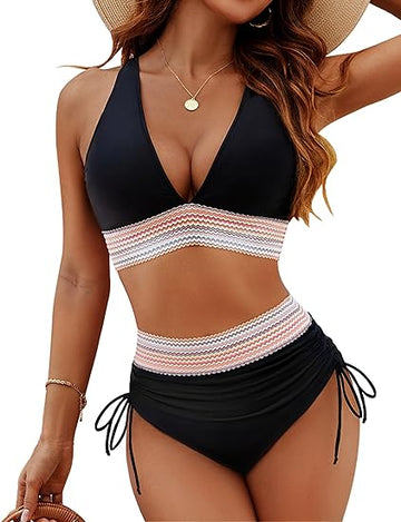 Women’s Bikini Set – Tummy Control – High Waist Bottom – Halter Top – Adjustable Fit