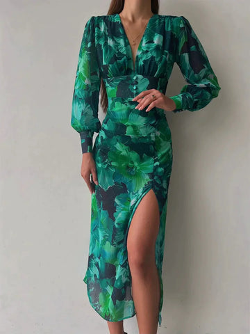 Women's Maxi Dress - Elegant Long Sleeve - Flowy Pleated Design - V-Neck Formal Wear