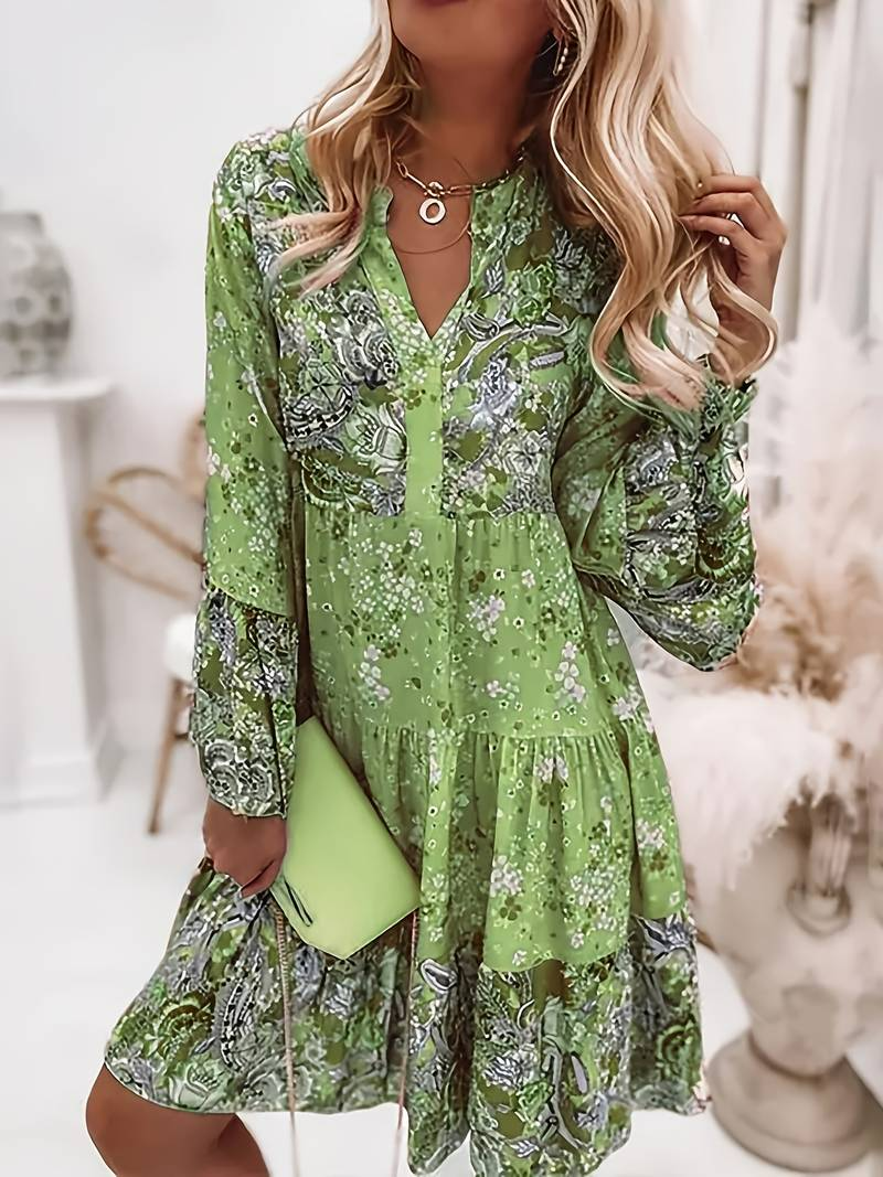Women's Floral Print Dress - V-Neck - Long Sleeve - Relaxed Fit - Ruffled Hem