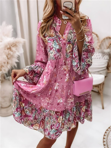 Women's Floral Print Dress - V-Neck - Long Sleeve - Relaxed Fit - Ruffled Hem