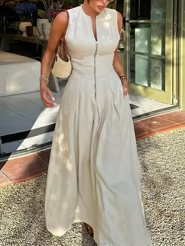 Women's Sleeveless Maxi Dress - Deep V-Neck - Front Zipper - Flowy Elegant Fit