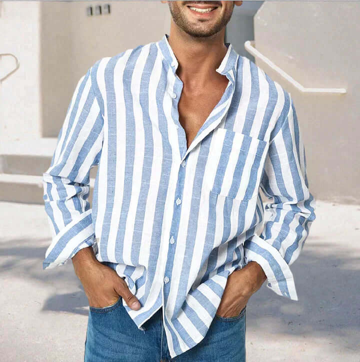 Men’s Button-Up Shirt - Relaxed Fit - Long Sleeve Striped Lightweight Casual Wear