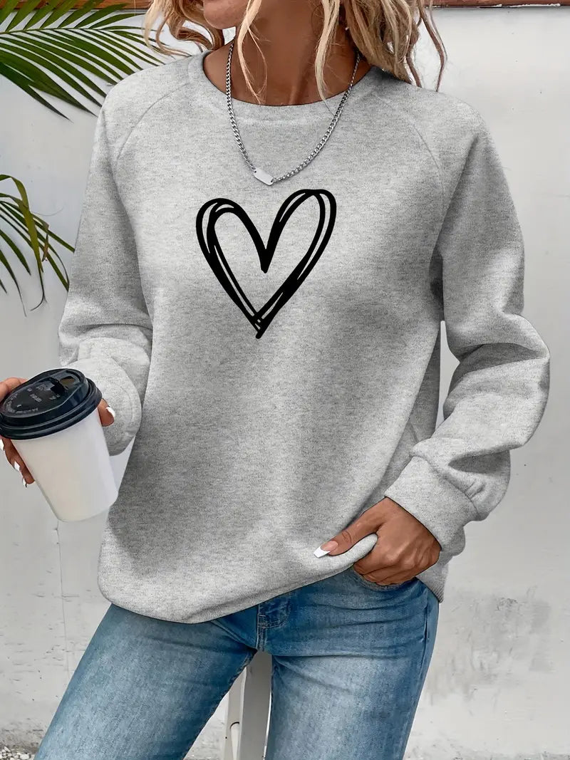 Women's Sweatshirt - Relaxed Fit - Heart Graphic - Long Sleeve Casual Wear