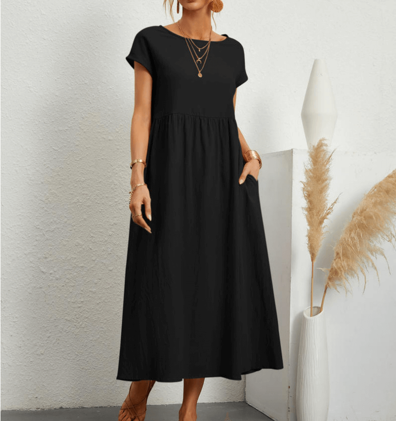 Women's Maxi Dress - Loose Fit - Short Sleeve - Round Neck - Flowy Casual Wear