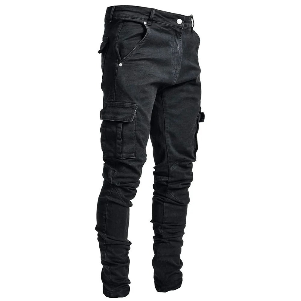 Men’s Cargo Trousers – Slim Fit Denim – Multi Pocket – Distressed Casual Style