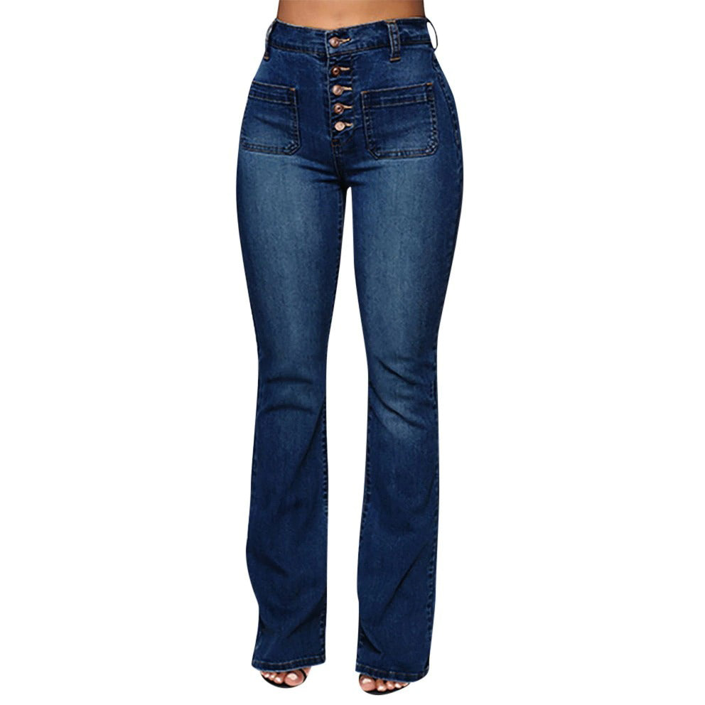 Women's High-Waisted Flare Jeans - Button Front - Slim Fit - Retro 70s Style
