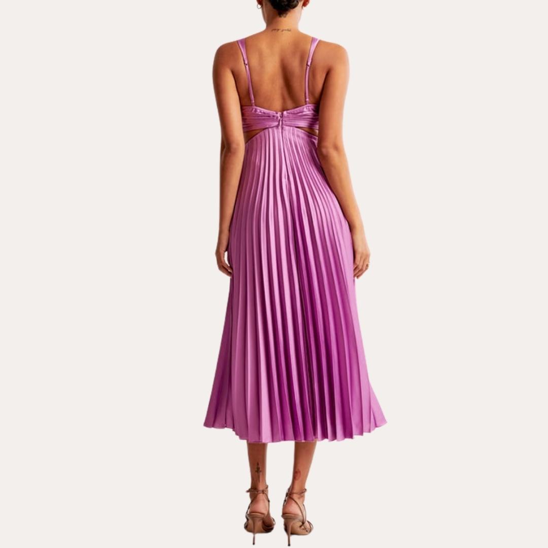 Women's Midi Dress - Sleeveless V-Neck - Twist Front & Cut-Out Detail - Pleated Skirt