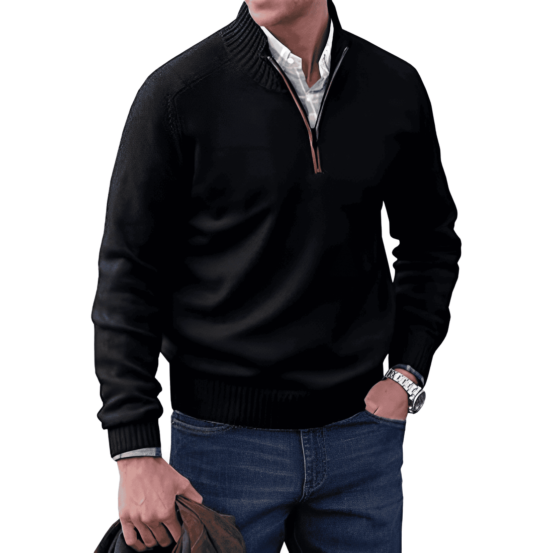 Men’s Quarter-Zip Sweater - Ribbed Cuffs & Hem - Classic Knit - Versatile Layering