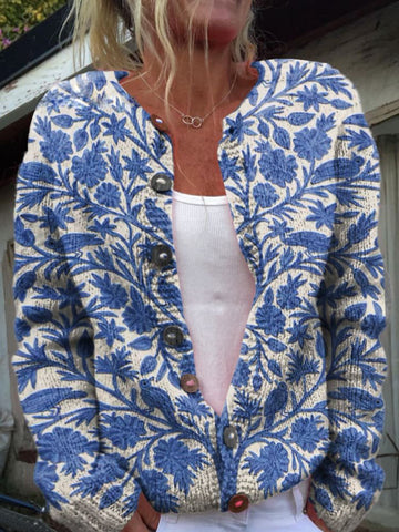 Women’s Knitted Cardigan – Floral Embroidery – Button Down – Long Sleeve – Round Neck
