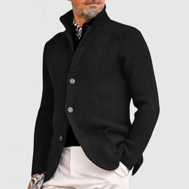 Men’s Knit Cardigan Jacket - Button Front - High Collar - Warm Textured Fabric