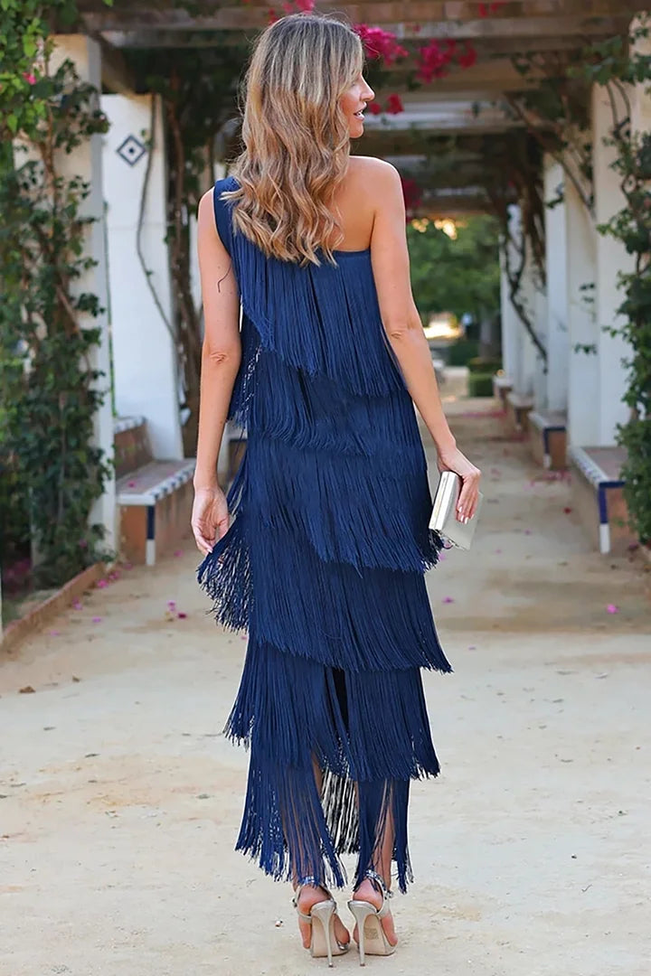 Women's Fringe Dress - One-Shoulder Asymmetric Design - Layered Detailing - Elegant Evening Wear