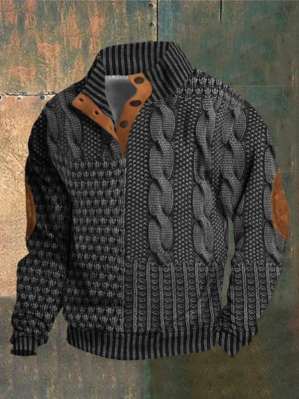 Men's cable design sweater with elbow patches: A stylish and warm winter knit for casual and semi-formal wear.
