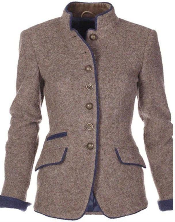 Women’s Blazer Jacket – Tailored Fit – Wool Blend – Stand Collar – Contrast Piping