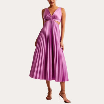 Women's Midi Dress - Sleeveless V-Neck - Twist Front & Cut-Out Detail - Pleated Skirt