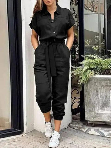 Women's Jumpsuit - Button-Down - Short Sleeve - Belted Waist - Jogger-Style Bottoms