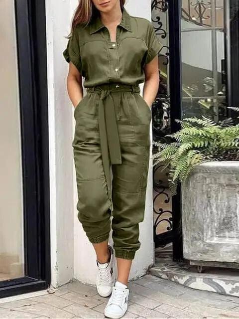 Women's Jumpsuit - Button-Down - Short Sleeve - Belted Waist - Jogger-Style Bottoms