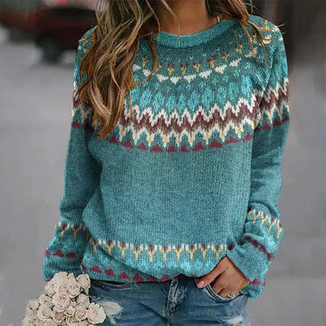 Women’s Knit Sweater – Relaxed Fit – Retro Wave Pattern – Crew Neck Ribbed Hem