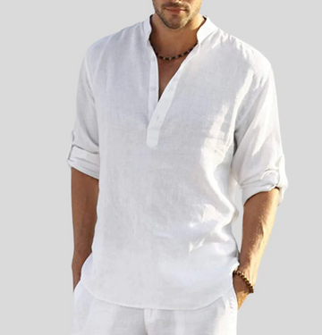 Men’s Shirt - Breathable Lightweight Fabric - Relaxed Fit - Band Collar - Long Sleeve