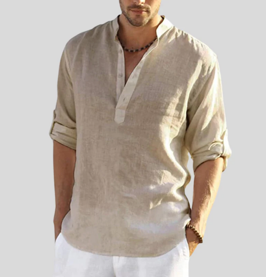 Men’s Shirt - Breathable Lightweight Fabric - Relaxed Fit - Band Collar - Long Sleeve