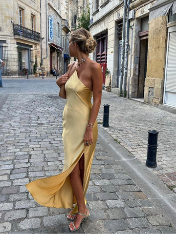 Women's Satin Maxi Dress - One Shoulder - Open Back - High Slit Elegant Gown