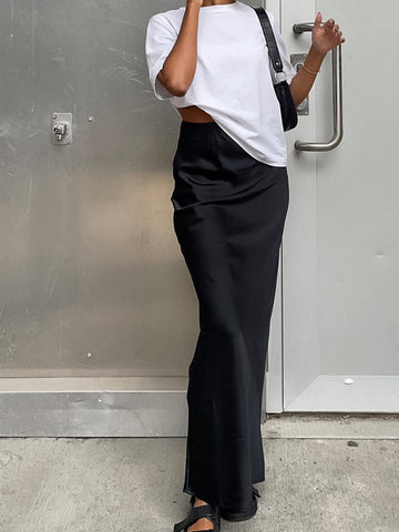 Women's Maxi Skirt - Satin Fabric - Flowing Silhouette - Elegant Utility Style
