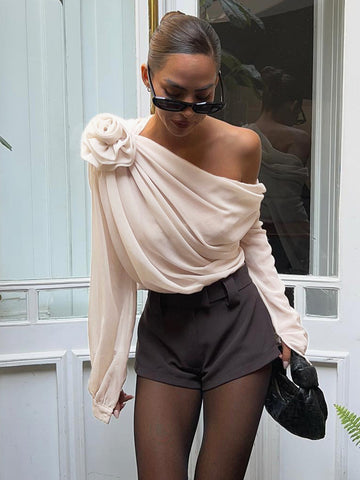 Women's One-Shoulder Chiffon Blouse - Semi-Sheer - Draped Asymmetrical Elegance