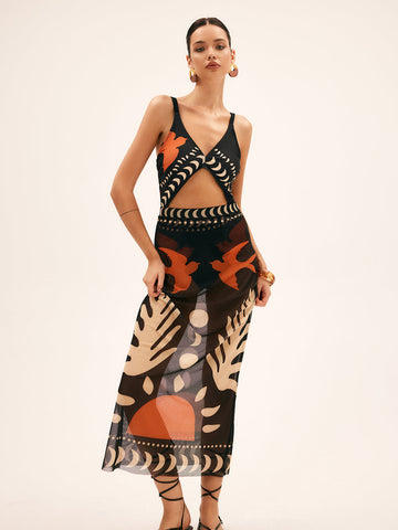 Women's Maxi Skirt - Sheer Mesh Cover-Up - Bird Print Flowy Wrap Design