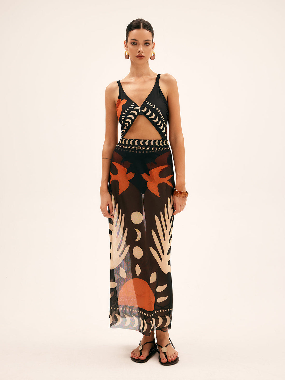 Women's Maxi Skirt - Sheer Mesh Cover-Up - Bird Print Flowy Wrap Design