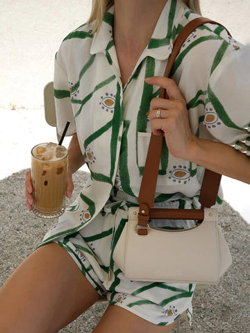 Women's Shorts Set - Lightweight Cotton - Printed Collared Shirt & Drawstring Shorts