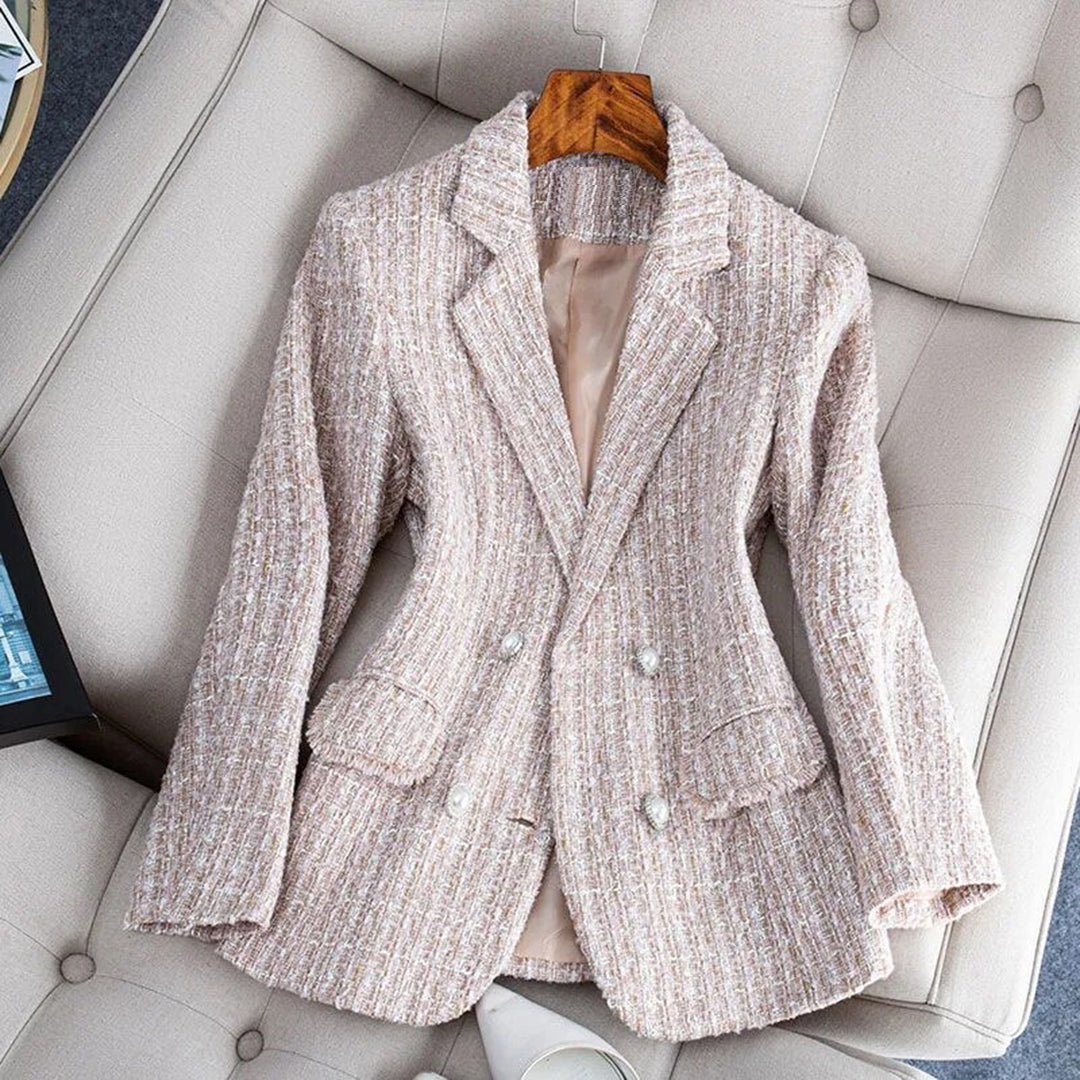 Women's Tweed Blazer - Double Breasted - Tailored Fit - Notched Lapel Smart Jacket