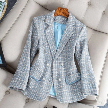 Women's Tweed Blazer - Double Breasted - Tailored Fit - Notched Lapel Smart Jacket
