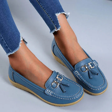 Women's Leather Moccasins - Cushioned Sole - Stylish Tassel Detail