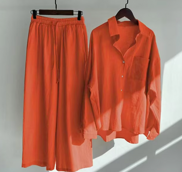 Women's Lounge Set - Cotton Blend - Relaxed Fit - Button-Up Shirt & Wide-Leg Trousers