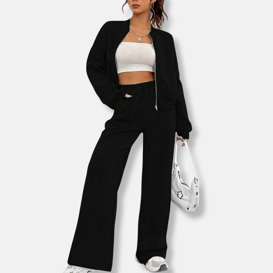 Women’s Two-Piece Loungewear Set – Relaxed Bomber Jacket – High-Waisted Wide-Leg Pants – Cotton Blend
