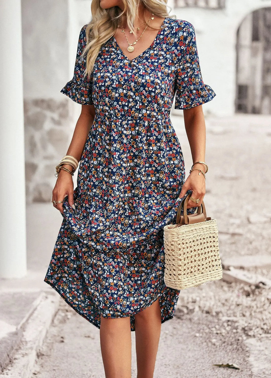 Women's Floral Dress - V-Neck - Short Sleeve - Lightweight Casual Fit