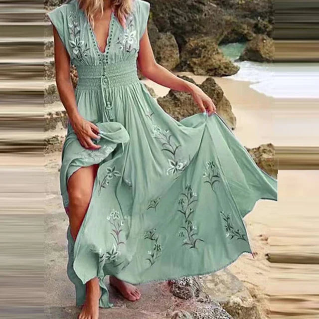 Women's Maxi Dress - V-Neck Embroidered - Smocked Waist - Flowy Lightweight Fabric