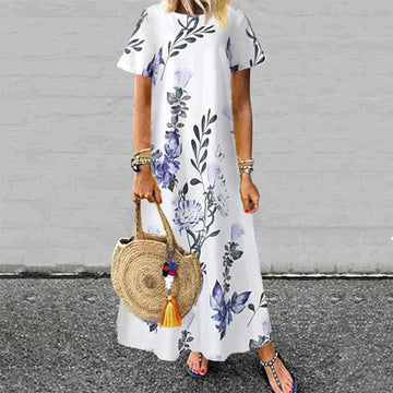 Women’s Maxi Dress – Relaxed Fit – Short Sleeve – Natural Fibers – Floral Print