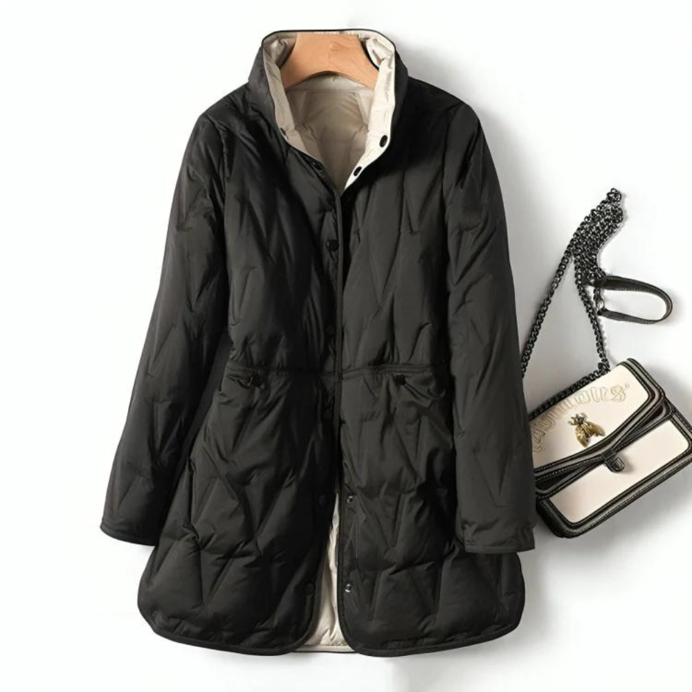 Women's Quilted Jacket - Mid-Length - High Collar - Button Closure - Tailored Fit