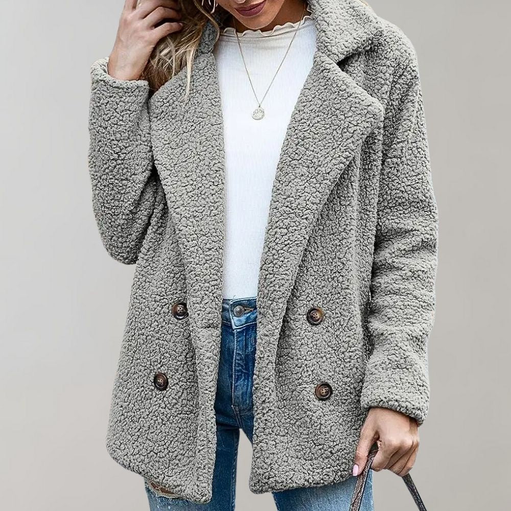 Women's Sherpa Jacket - Soft Fluffy Texture - Oversized Fit - Double-Breasted Lapel Coat