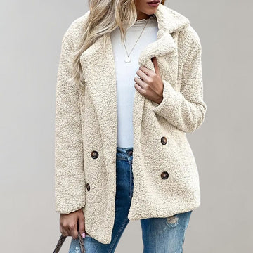Women's Sherpa Jacket - Soft Fluffy Texture - Oversized Fit - Double-Breasted Lapel Coat