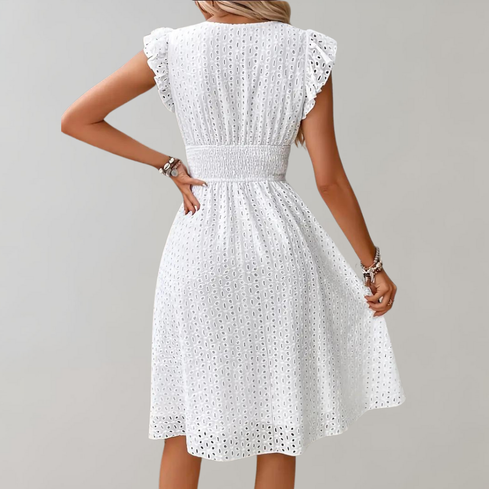 Women's Lace Dress - V-Neck Sleeveless - Fitted Waist - A-Line Knee-Length Elegant Design