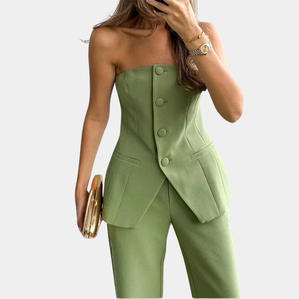 Women's Strapless Jumpsuit - Tailored Fit - Corset Bodice - Peplum Waist - Wide-Leg Pants